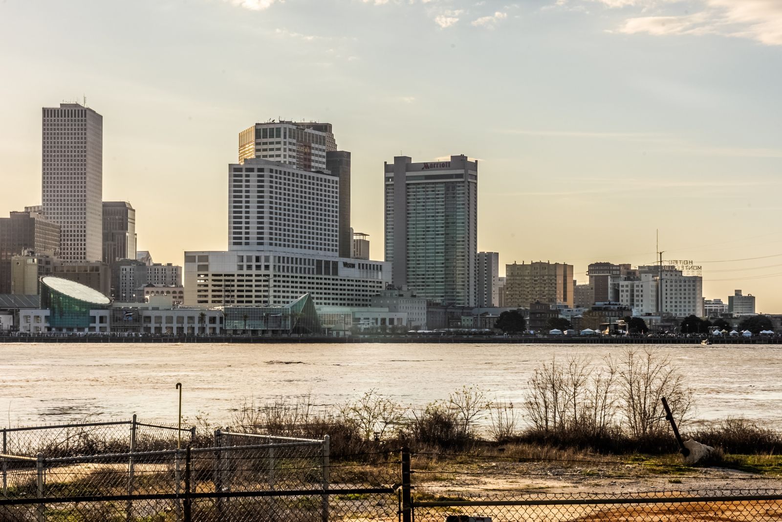 Downtown New Orleans seen across the Mississippi River at sunset